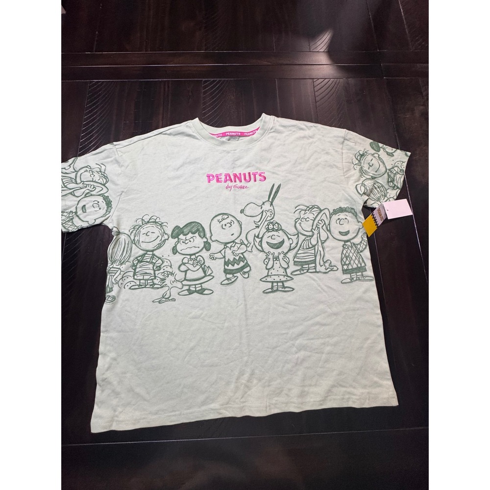 Peanuts by Schulz Women L Green Graphic T-Shirt Snoopy Charlie Brown New